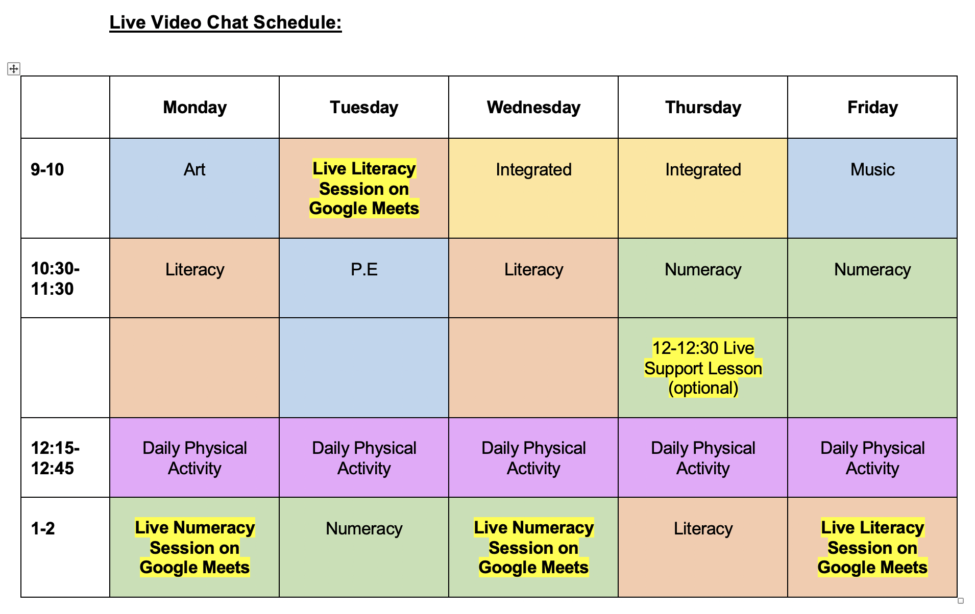 Year 2 Video Schedule